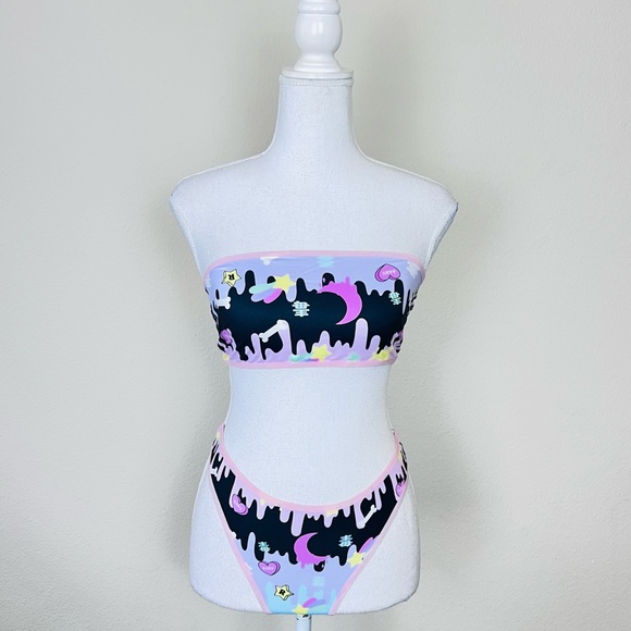 NWT Black & Pink Kawaii Goth Bandeau Tube Top & Bottoms Lingerie Rave Set - Picture 2 of 11